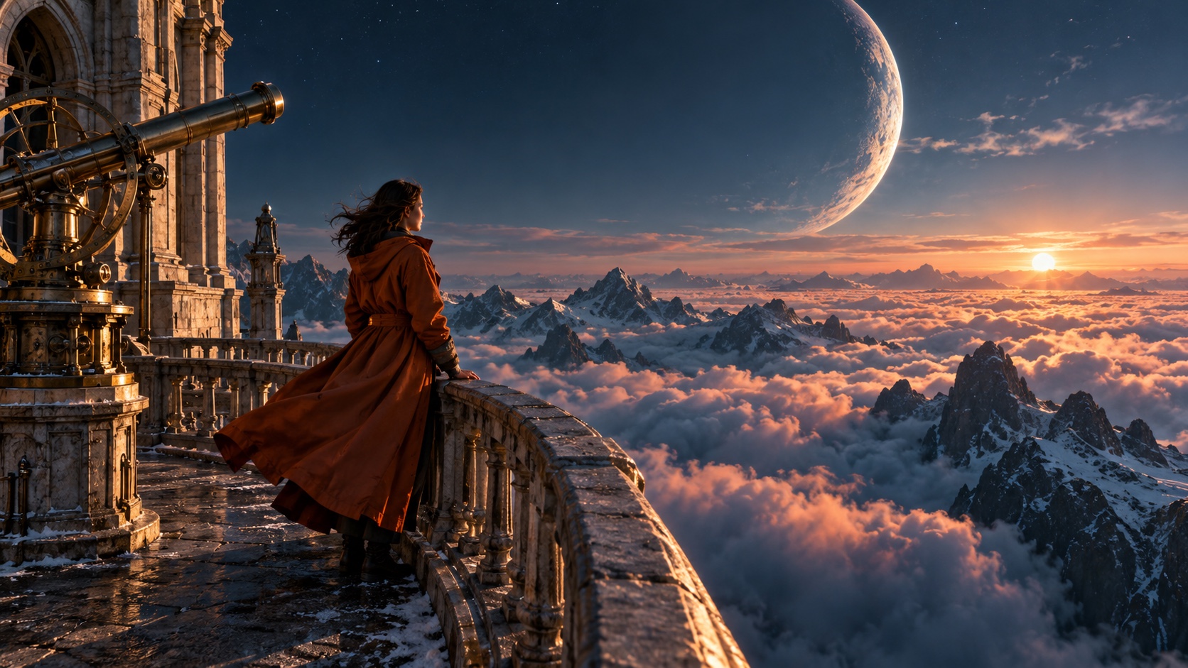 An astronomer watches the sky above a sea of clouds.