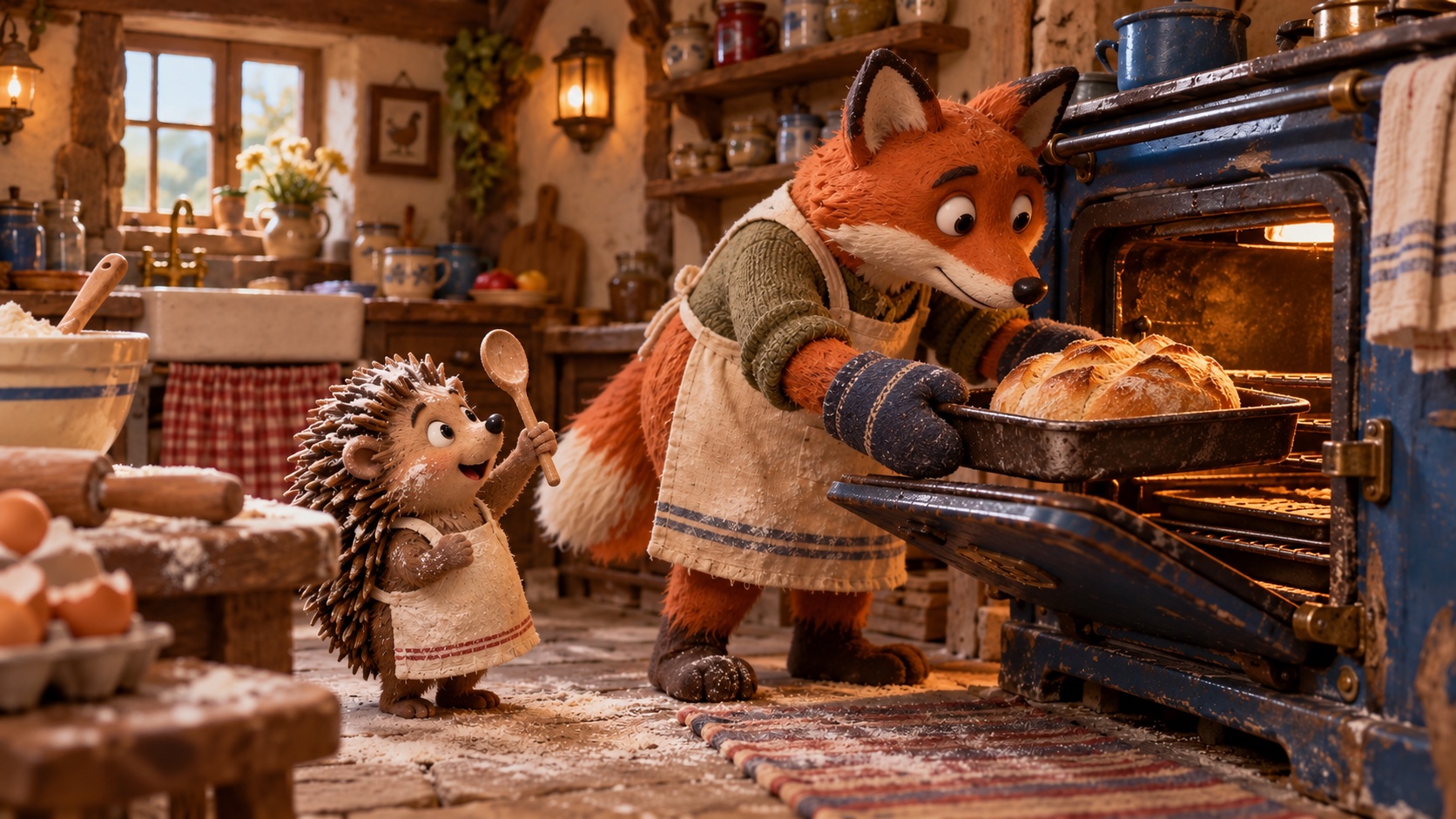 Continuation: the fox lifts the finished loaf