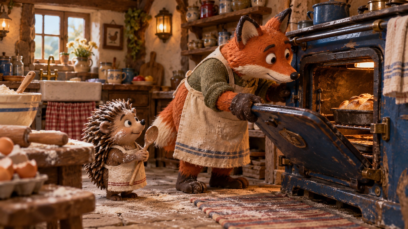 Original claymation shot: the fox and hedgehog at the oven