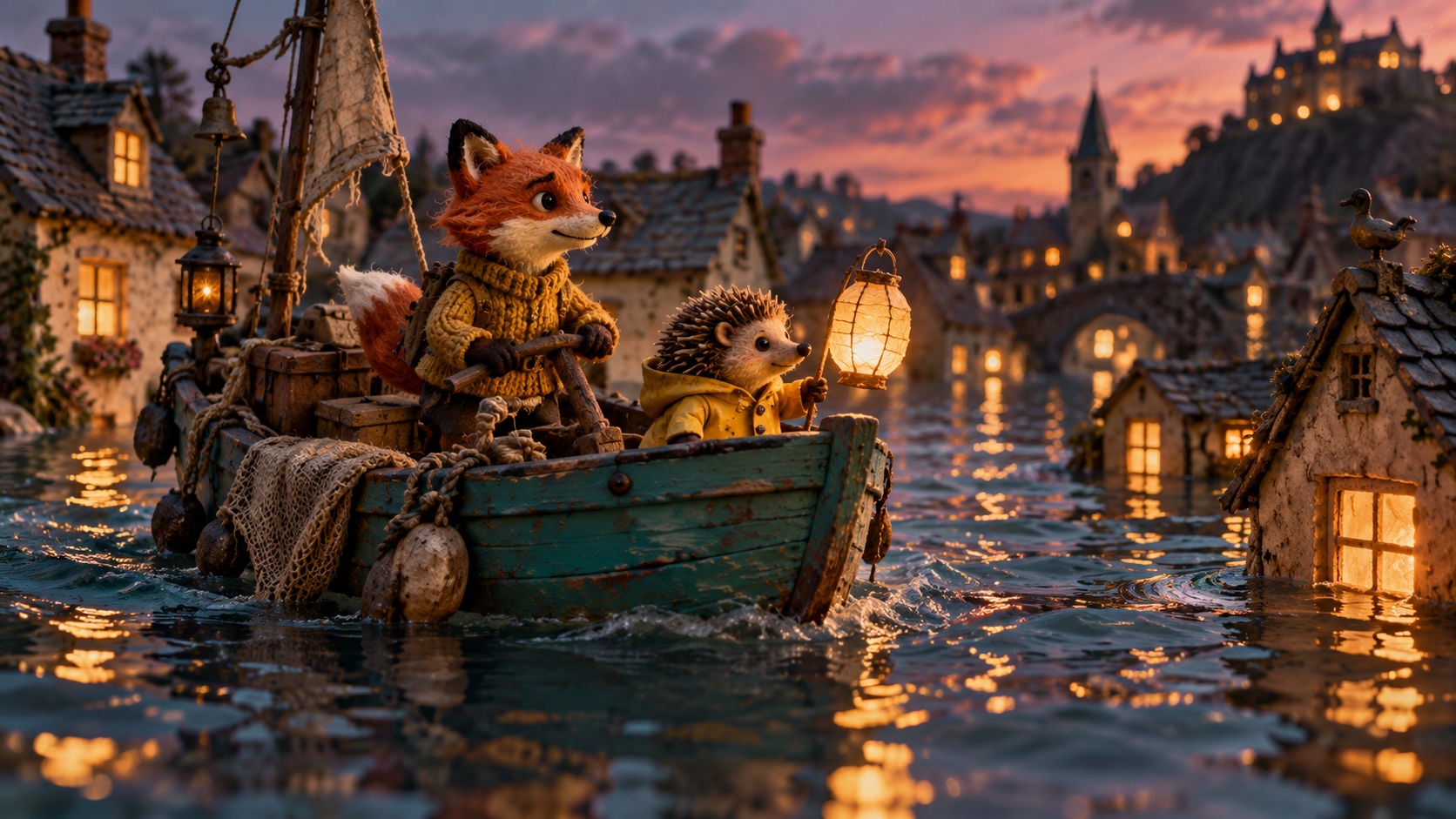 A fox captain and a hedgehog sail through a miniature village.
