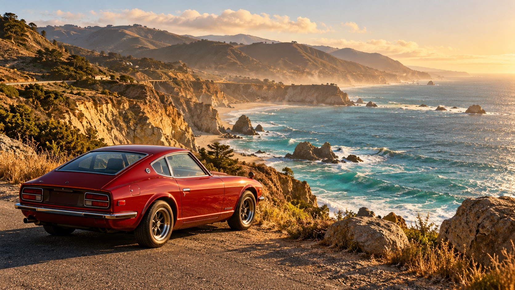 A vintage red coupe above a sunlit coast.