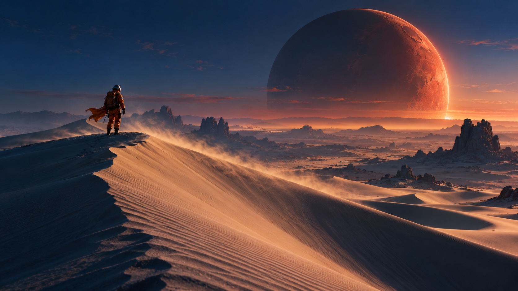 A lone explorer beneath an enormous rust-red planet.