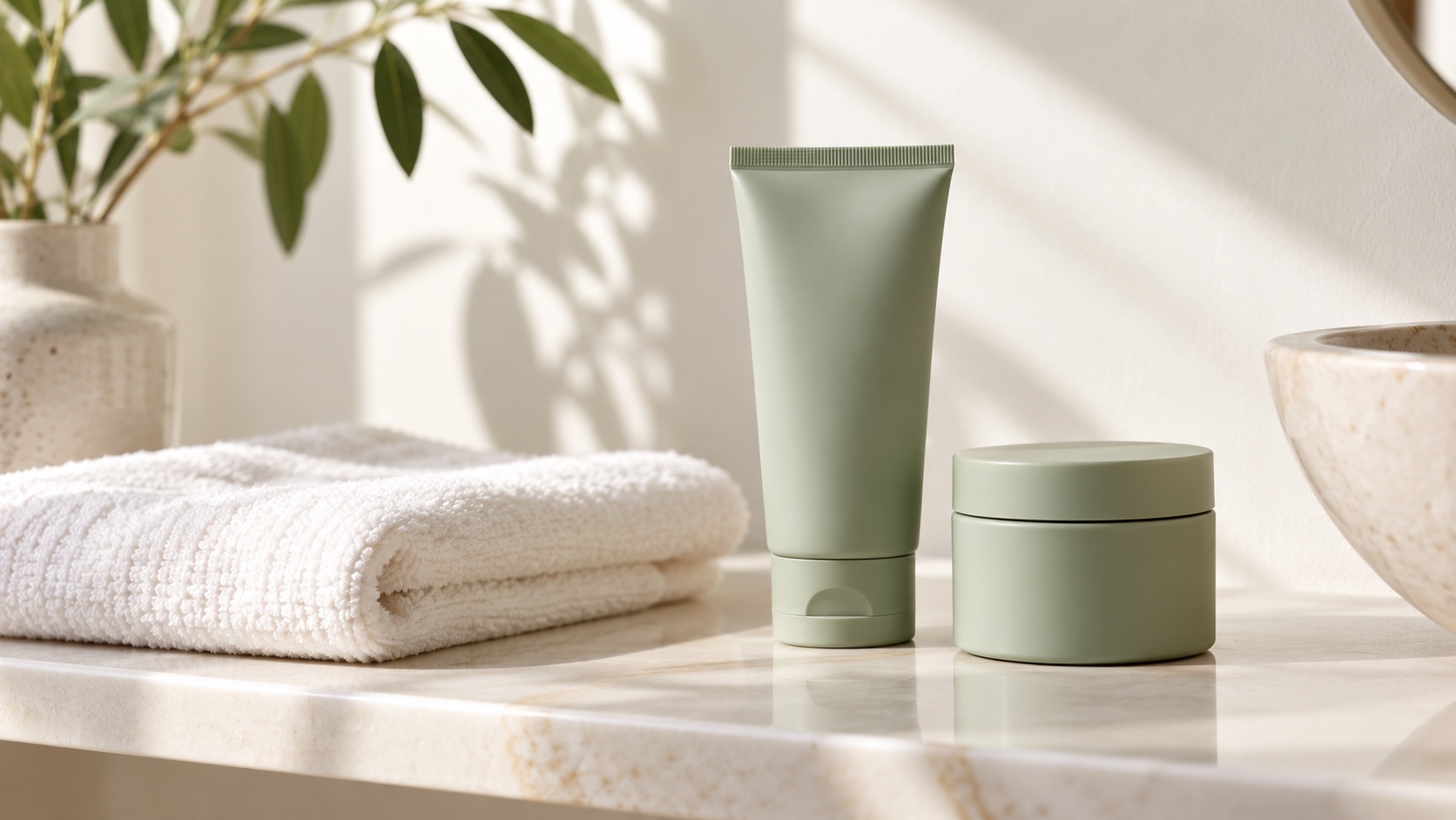 Sage skincare packaging in natural window light.