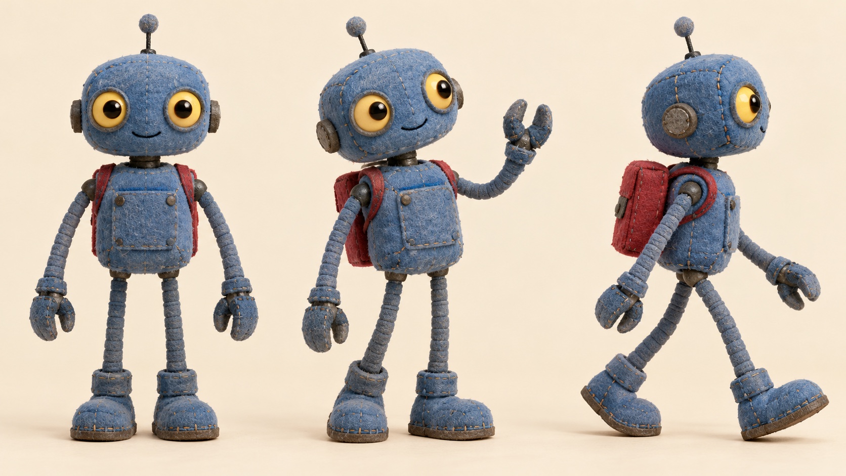 A blue felt robot with a red backpack in three poses.