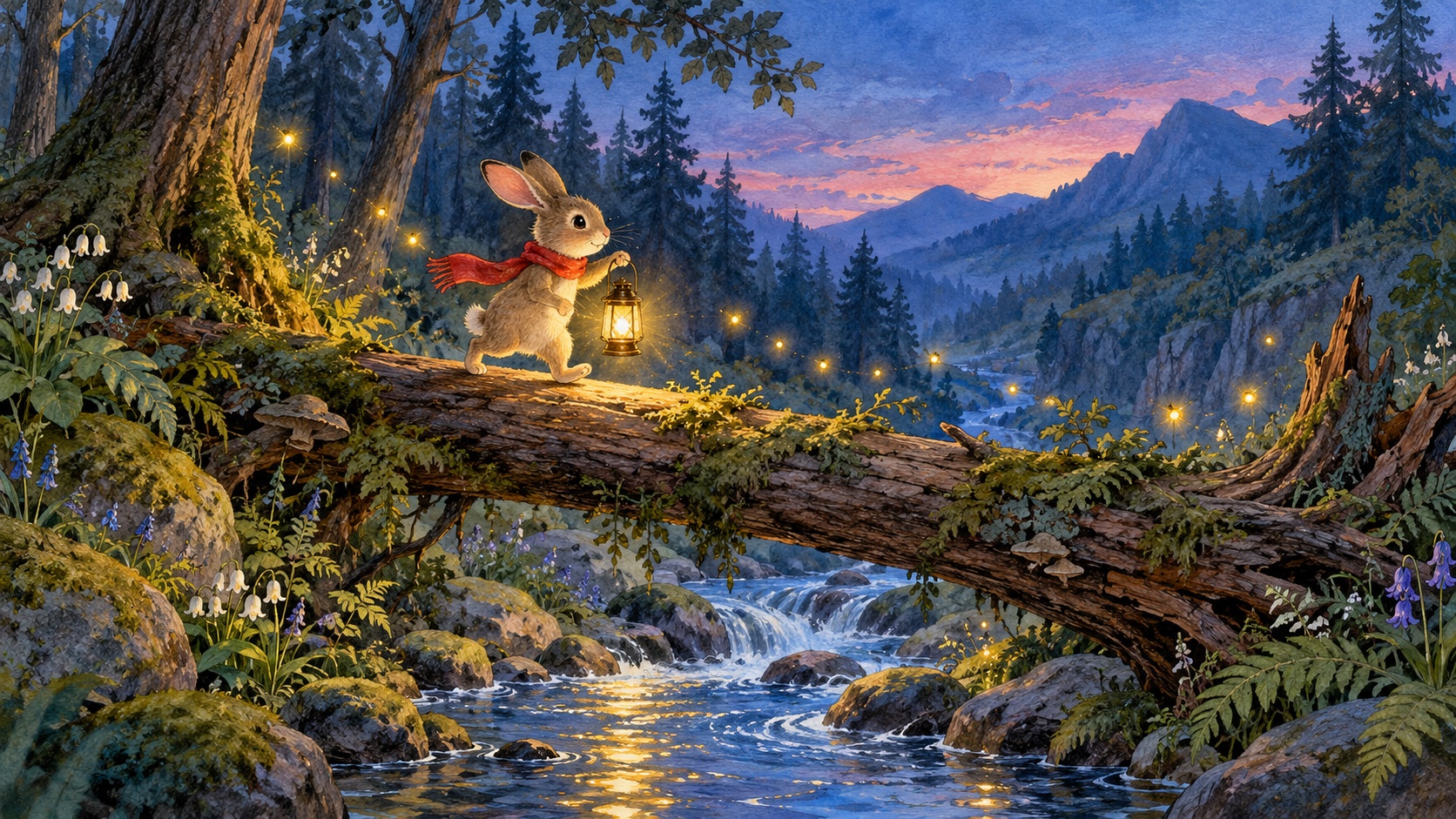 A rabbit carries a lantern across a woodland stream.