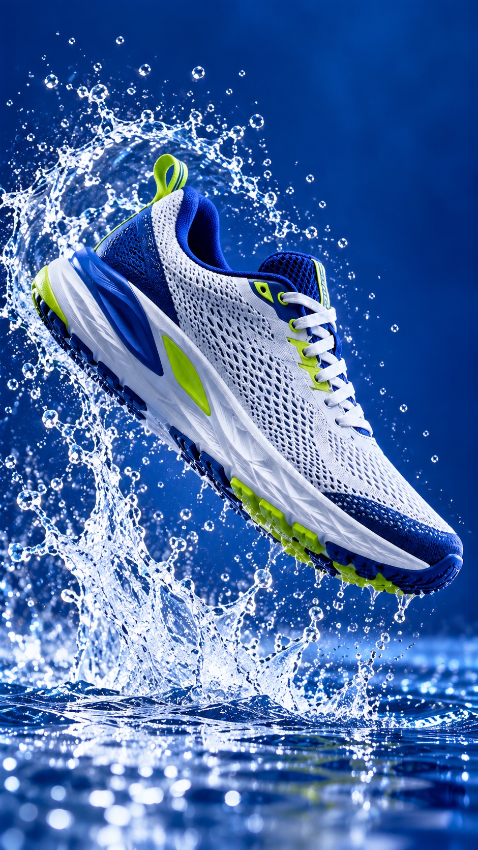 A cobalt running shoe in a splash of water.