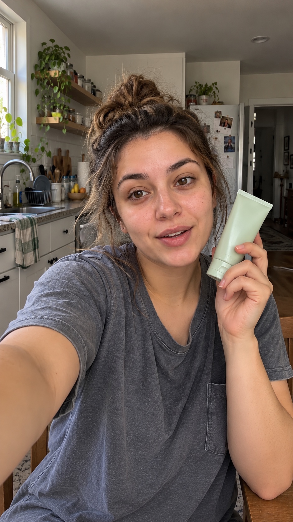 A casual phone-shot skincare review at home.