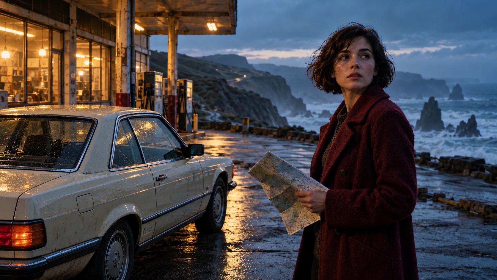Cinematic road movie: a woman in a burgundy coat beside a cream coupe at a coastal petrol station