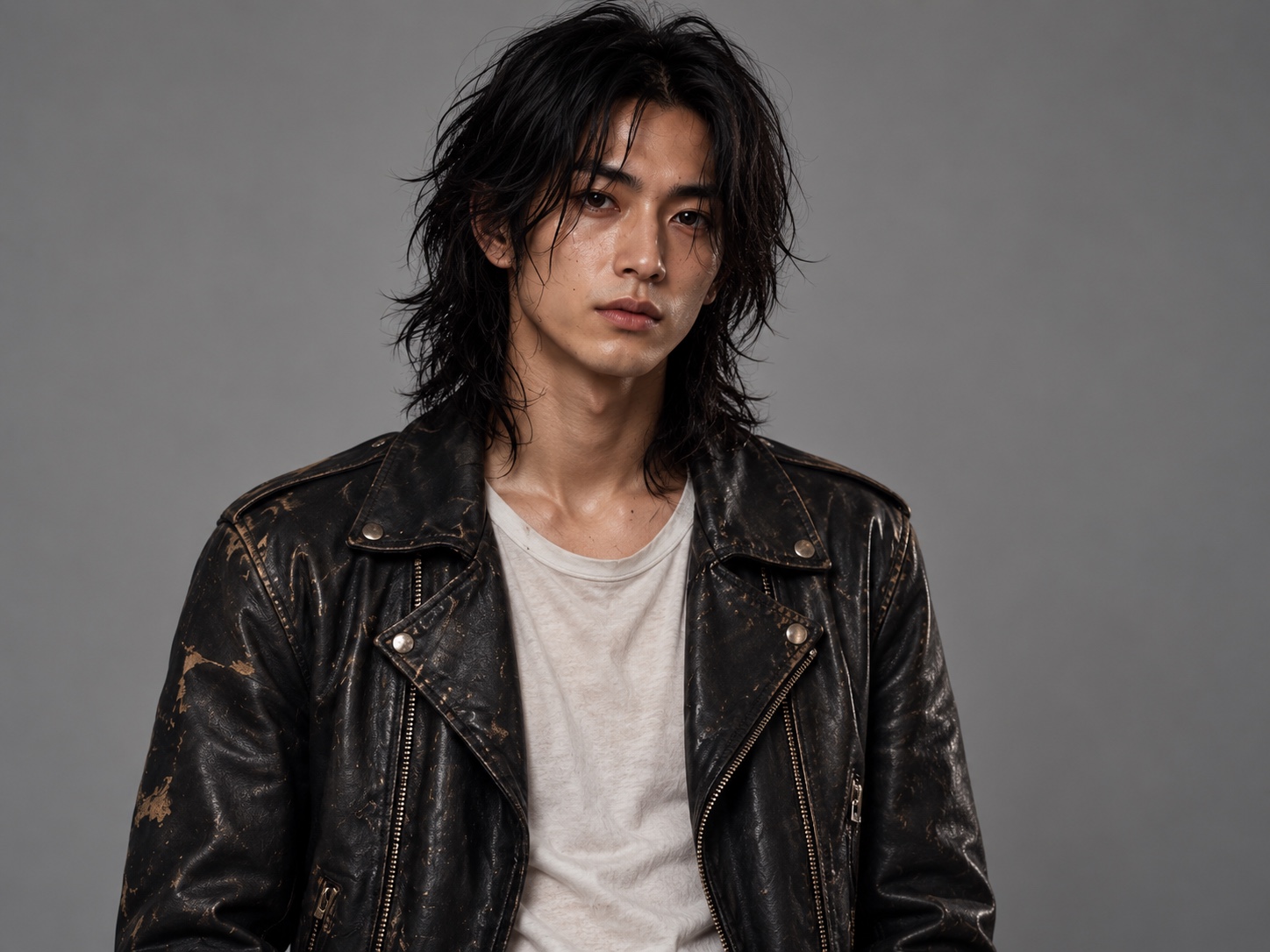 Character reference: guitarist with long black hair and a leather jacket