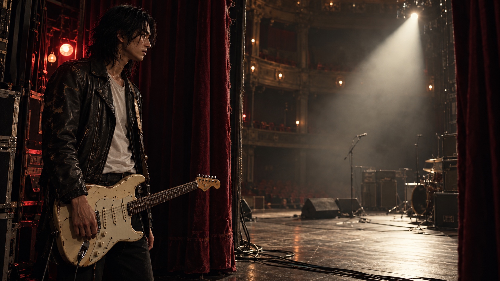 Cinematic scene: a guitarist waits in the wings of a red-lit concert theatre