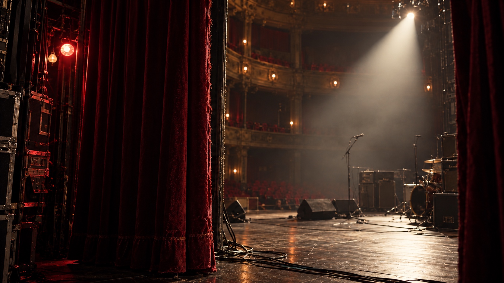 Setting reference: burgundy curtains and a spotlight in an old theatre